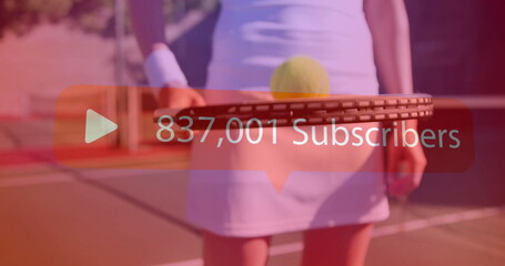 Tennis player wearing white dress balancing ball on racket at outdoor court with subscriber overlay