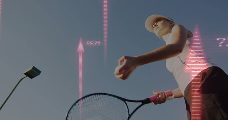 Tennis player serving ball wearing visor on court, with pink grip racket, digital overlays