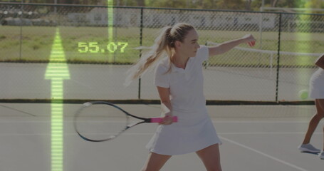 Tennis player executing forehand stroke on hard court, with pink-grip racket, ball, digital overlay