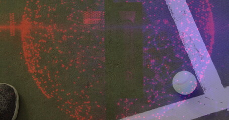 Sitting tennis ball marking boundary line corner on turf court, with sports shoe, copy space