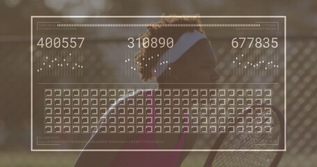 Swinging tennis player holding racquet on court with chain-link fence, sweatband, digital overlay