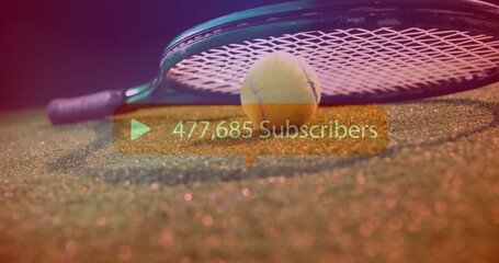 Showing tennis racket head holding yellow ball on grass court, with subscriber count overlay