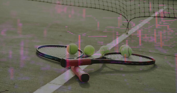 Fototapeta Arranging two crossed rackets on outdoor court, with five balls near white court line and net