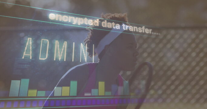 Female athlete wearing pink top serving ball on chain-link tennis court, data overlay, copy space - Powered by Adobe