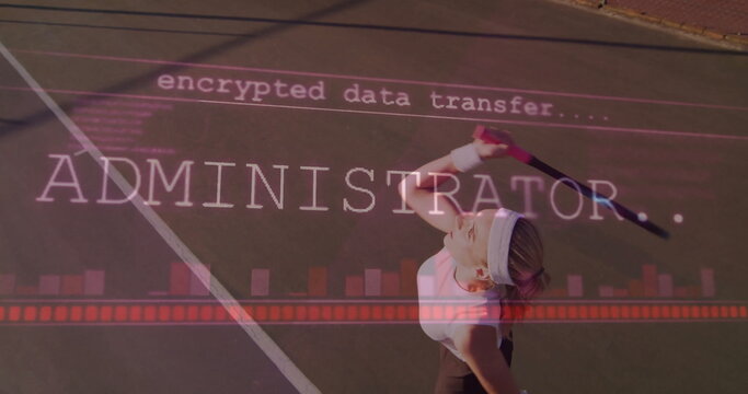 Serving female tennis player in sportswear lifting racket on tennis court with encrypted overlay