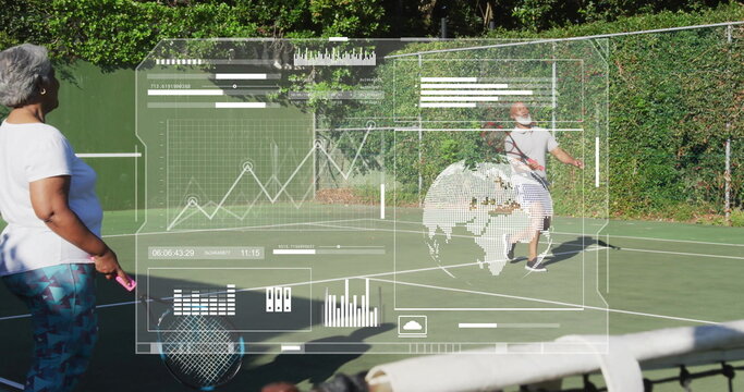 Swinging male player returning ball on outdoor tennis court with analytics overlays, copy space