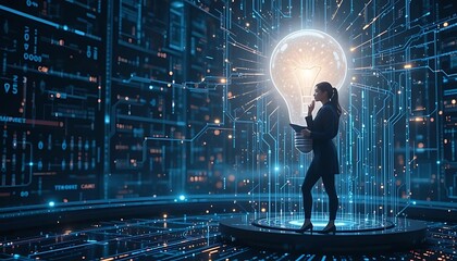 A Thoughtful Businesswoman Stands with a Giant, Glowing Light Bulb in a Futuristic Digital Environment with Circuit Boards and Data Streams. This image is excellent for concepts related to innovation,