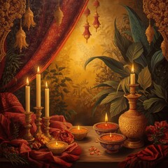 Warm Ambiance Illuminated by Flickering Candlelight and Ornate Decorations