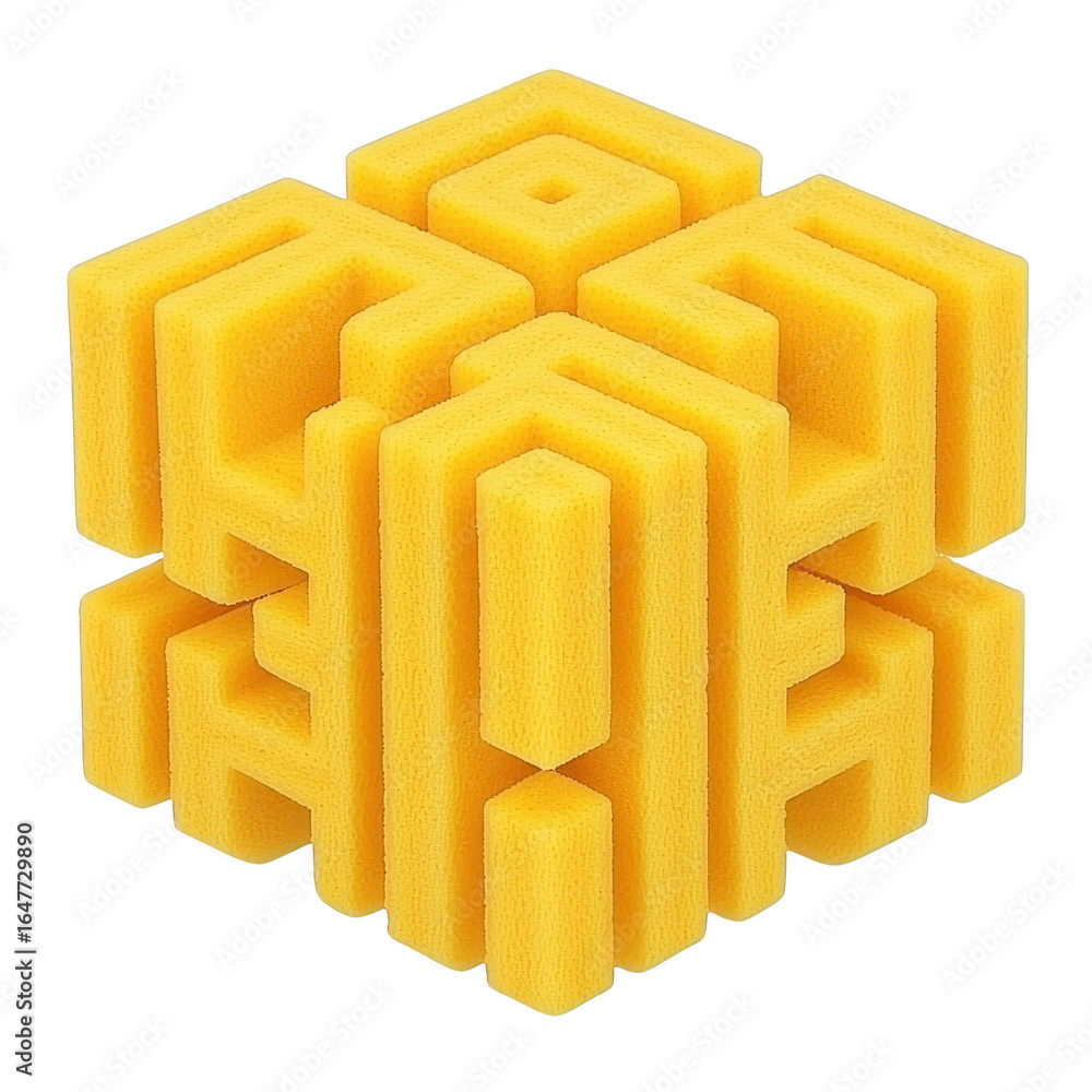 Poster vibrant yellow geometric sculpture featuring intricate patterns and three dimensional shapes, creati