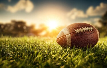 American football on grassy field at sunset