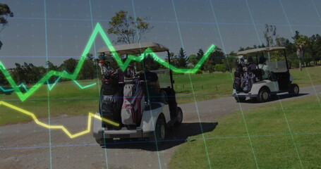 Driving white golf carts carrying golf bags along golf fairway, with grid and line overlay
