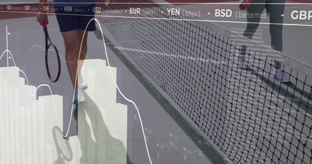 Holding racket, man in shorts at net on tennis court with court lines and currency overlay