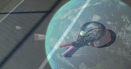 Showing tennis rackets with pink grips crossing globe over tennis ball on court, with code floating