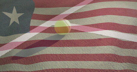 Resting yellow tennis ball beside white boundary line on red court, flag overlay, copy space