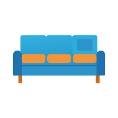 Modern blue sofa with orange cushions vector illustration on black background.