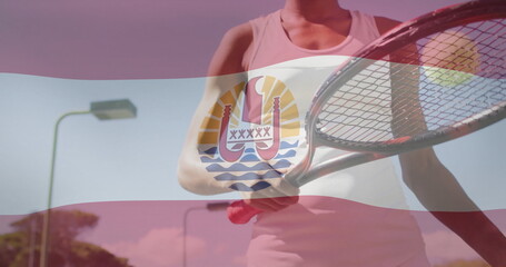 Standing tennis player in skirt and top gripping racket at court, with flag overlay, lamp posts