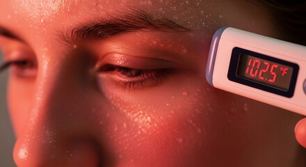 Close Up of Woman with Wet Skin Using Infrared Thermometer on Face in Warm Light