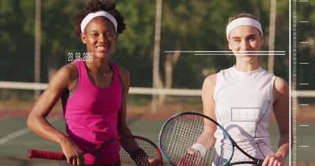 Standing women wearing sportswear holding rackets on tennis court at golden hour, with date stamps