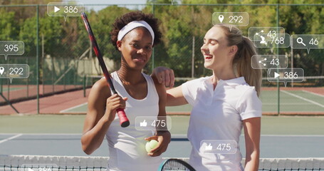 Standing two tennis players holding rackets and balls on outdoor tennis court, with media overlays