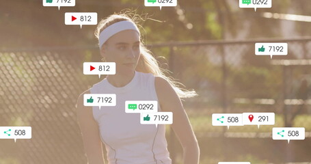 Walking tennis player wearing white top and headband on tennis court with floating engagement icons