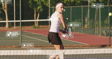 Obraz premium Holding racket, tennis player focusing on ball behind net at court, with floating icons, copy space
