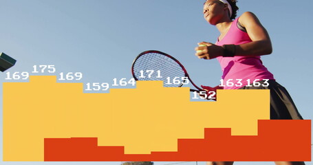 Serving athlete in pink top on tennis court with racket, ball, bar-chart overlay, copy space