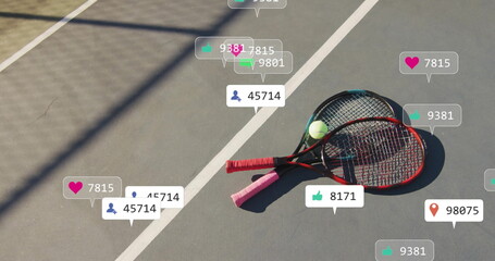 Displaying two tennis rackets and yellow ball on hard court, featuring floating notification icons
