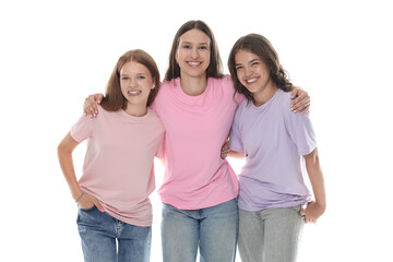 Portrait of happy friends on white background
