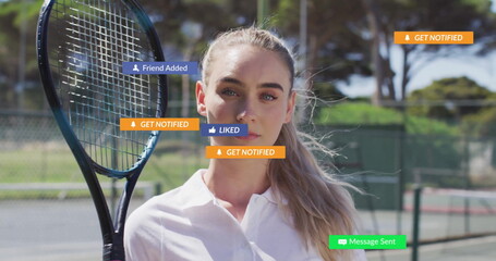 Holding racket, female in white polo standing on tennis court by net, with social media overlays