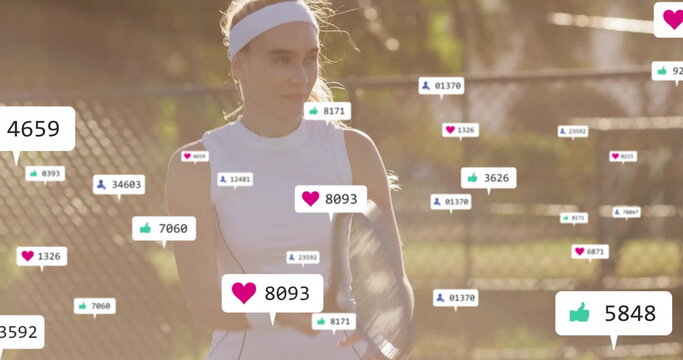 Tennis player wearing tennis dress holding racket on court, with like icons and follower overlays