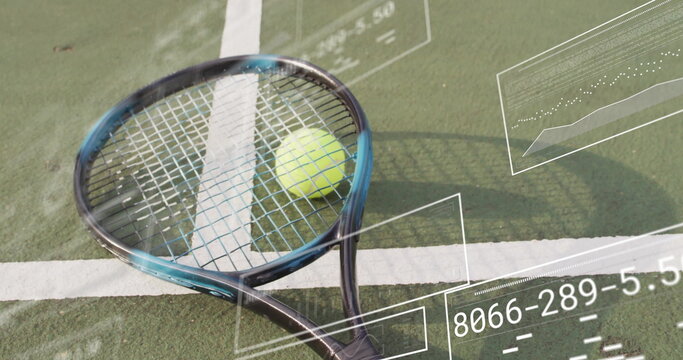 Fototapeta Resting tennis racket head holding ball on outdoor hard court, with white lines and data overlays