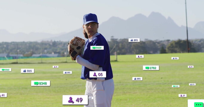 Standing female baseball player holding glove pitching on baseball field, with digital overlays - Powered by Adobe