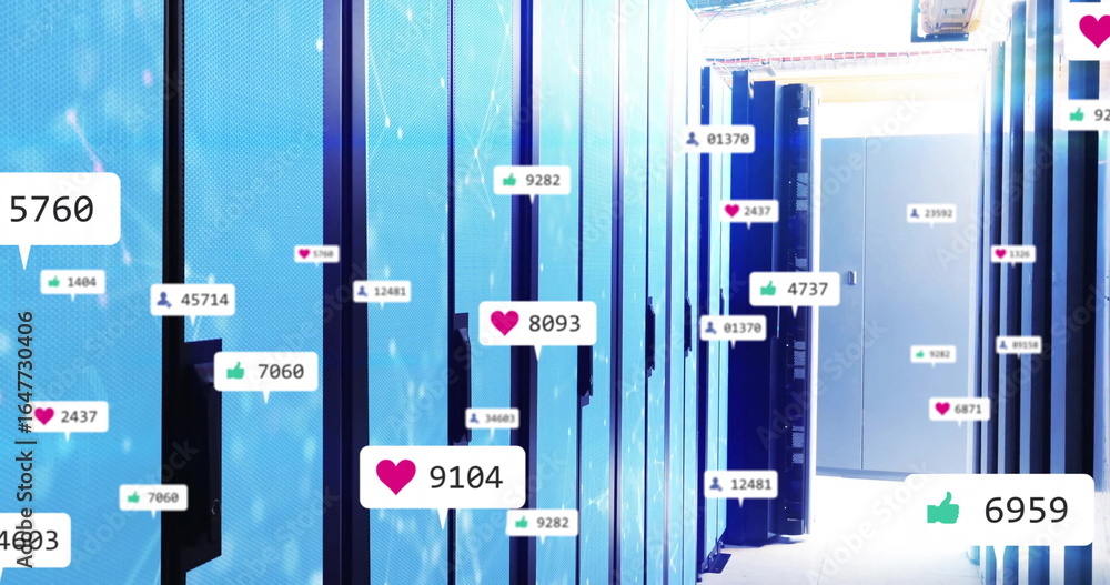 Poster displaying heart thumbs-up icons and counters floating over server cabinets in data center hallway
