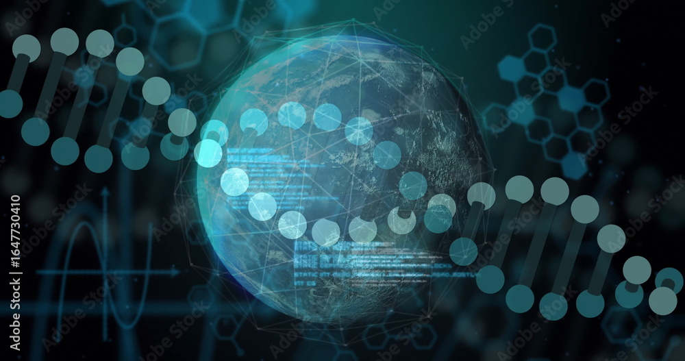 Poster rotating digital globe revealing dna helix and code overlays in virtual space, with hex patterns