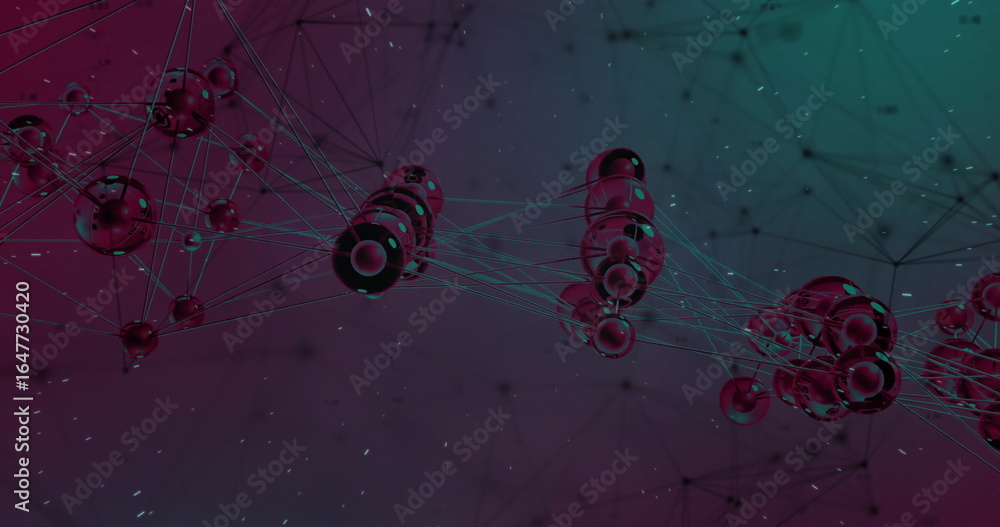 Poster floating metallic spheres forming network in abstract space, with thin glowing lines and particles
