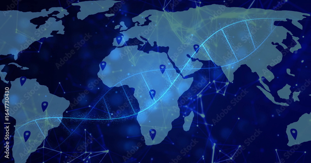 Aufkleber displaying neon-blue dna double helix spanning interface, with world map network lines and pins