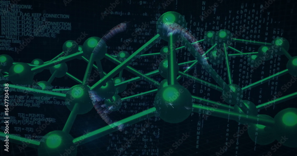 Poster displaying data network graph in digital space with luminous green nodes, rods and globe overlay
