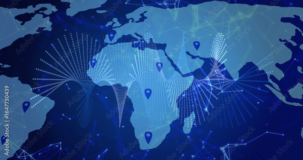 Poster displaying stylized world map showing data network on digital mesh background, with pins and nodes