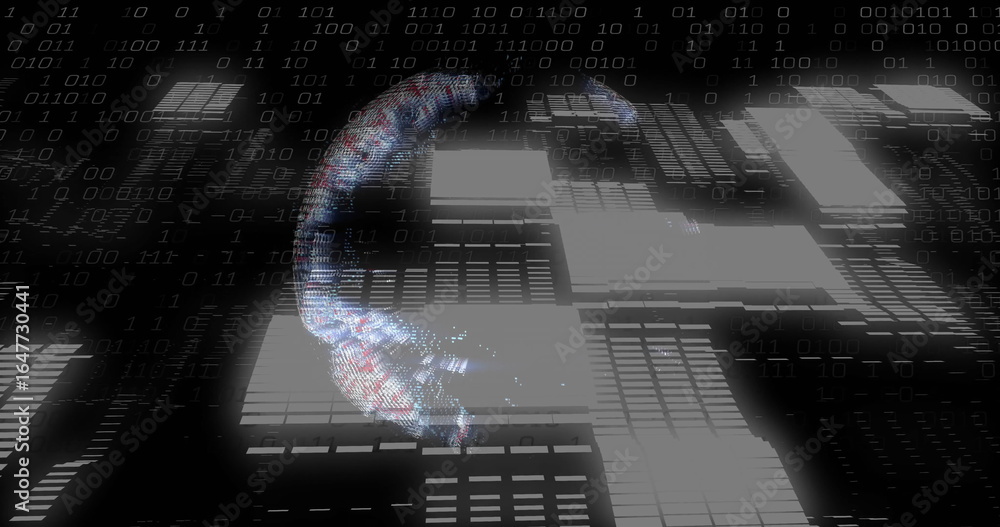 Poster floating holographic crescent swirl of glowing points above dark grid plane, with binary streams