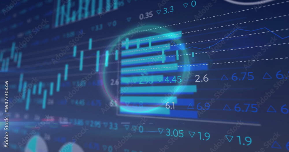 Poster displaying financial charts updating on screen, with bar charts and circular highlight overlay