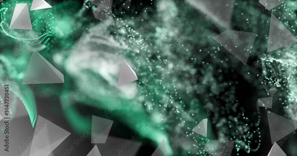 Poster floating triangular prisms drifting in dark digital space, with swirling green particle clouds