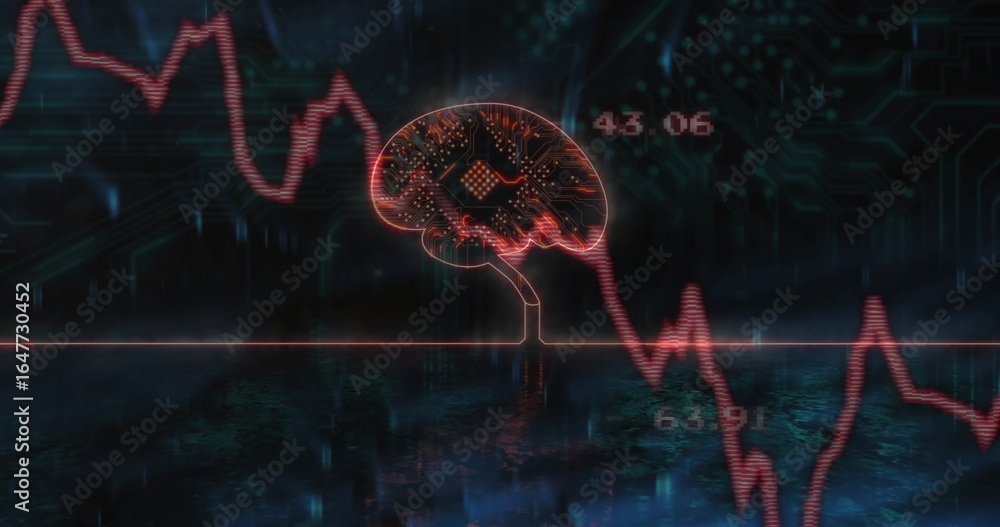 Poster neon red circuit-brain schematic floating on baseline in matrix, showing red waveform, number tags