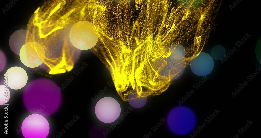 Poster dancing luminous yellow particle form swirling in dark digital void, with colorful bokeh elements