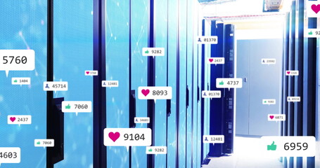 Displaying heart thumbs-up icons and counters floating over server cabinets in data center hallway
