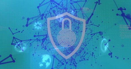 Showing shield icon in digital network graphic, with padlock, fingerprint, globe and data streams