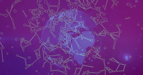 Network lines and nodes glowing over dotted Africa map in digital scene, with geometric shapes