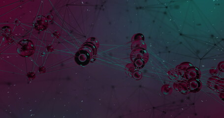 Floating metallic spheres forming network in abstract space, with thin glowing lines and particles