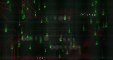 Displaying skull icon at hacking terminal center, with falling green binary digits and red tracings