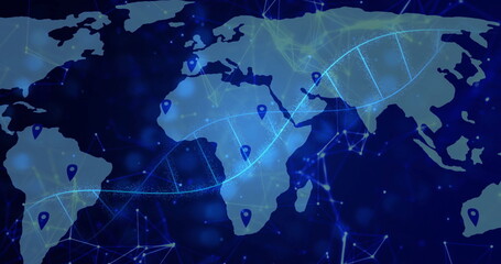 Displaying neon-blue DNA double helix spanning interface, with world map network lines and pins