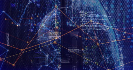 Rotating digital globe visualizing data over glowing network nodes in data center server rack